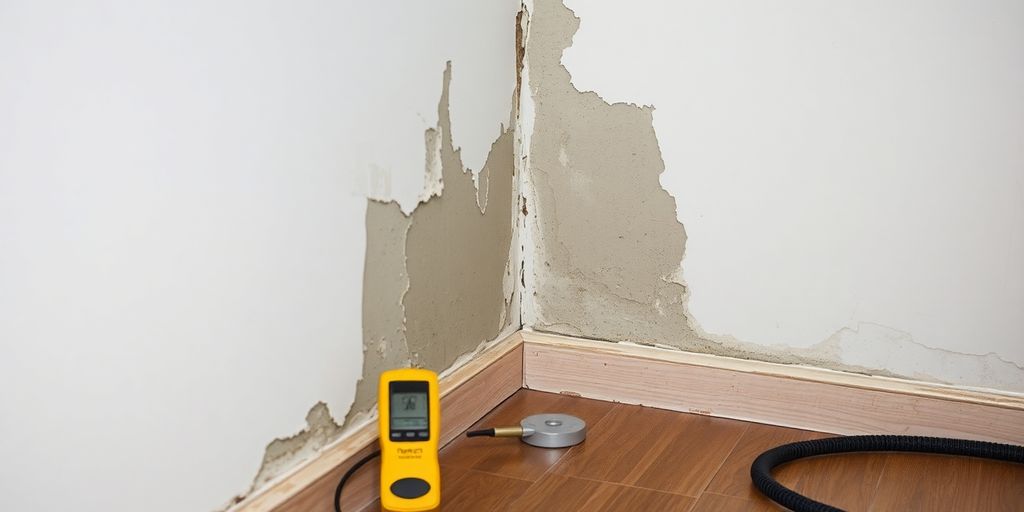 Water damage restoration tools and affected areas in a home.