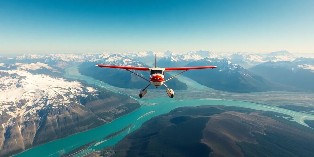 A small floatplane flies over Alaskan mountains and glaciers.