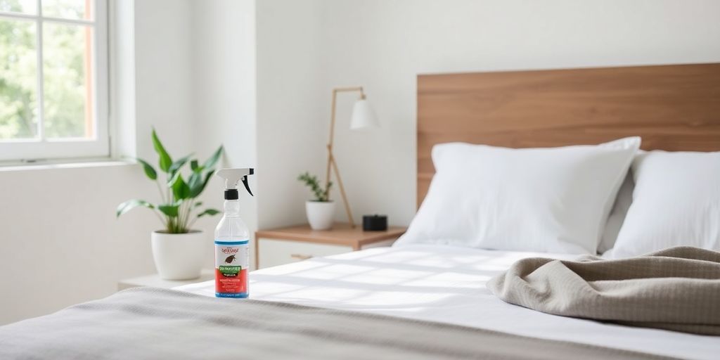 Bedroom with bed bug spray and natural light.