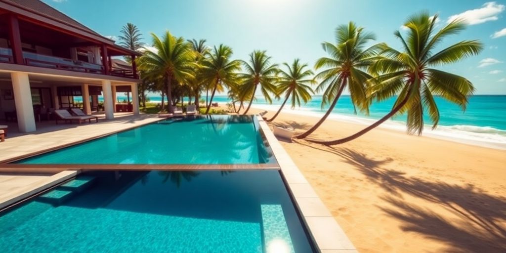 Beachfront villa with a swimming pool.