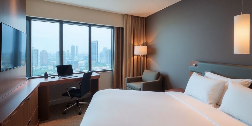 Modern hotel room for business travellers in Singapore.