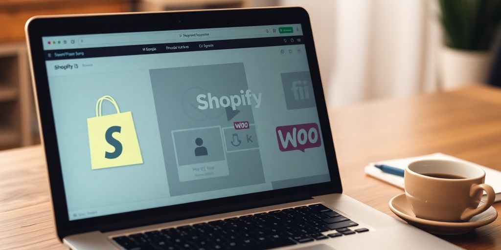 Laptop displaying Shopify and WooCommerce interfaces.