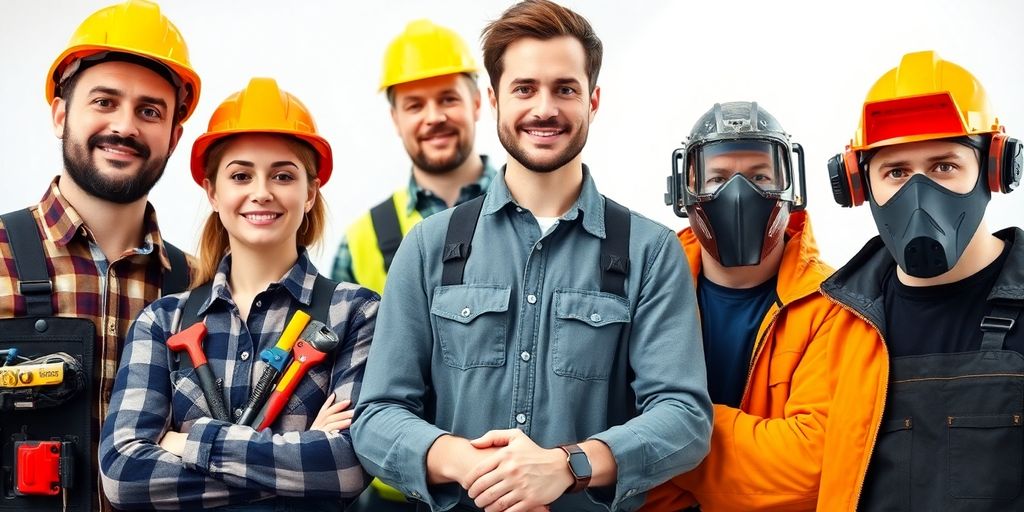 Construction worker, electrician, plumber, and welder standing together.
