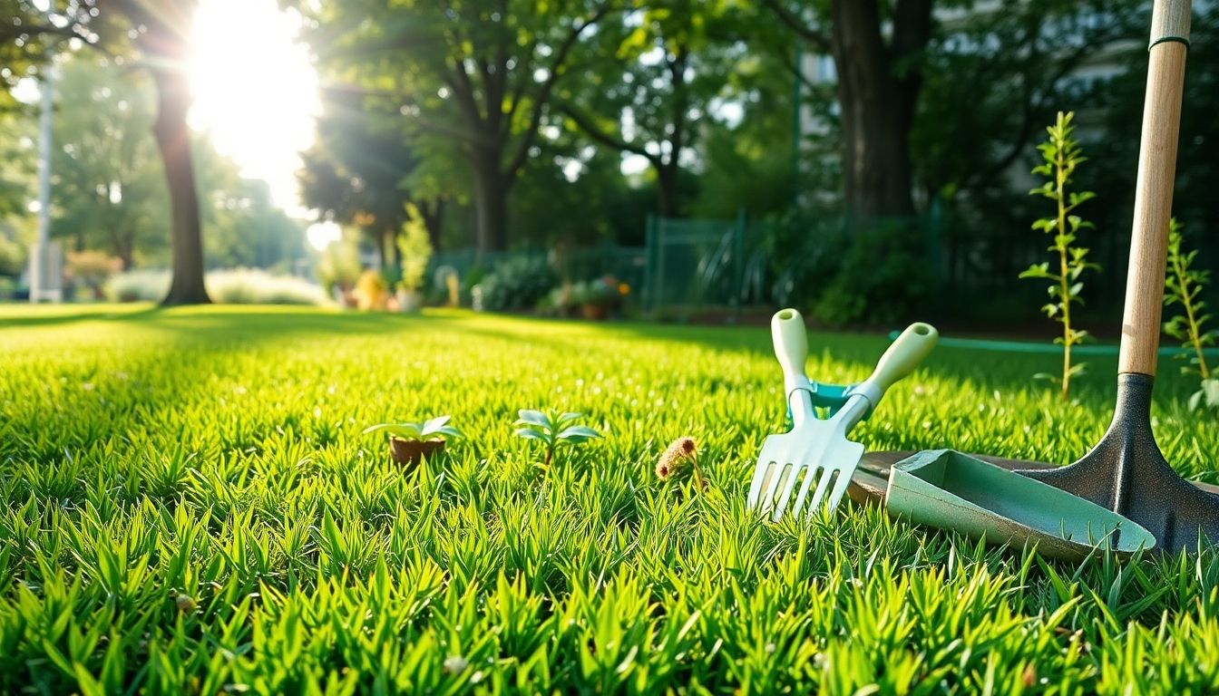 Lush green lawn with eco-friendly gardening tools.