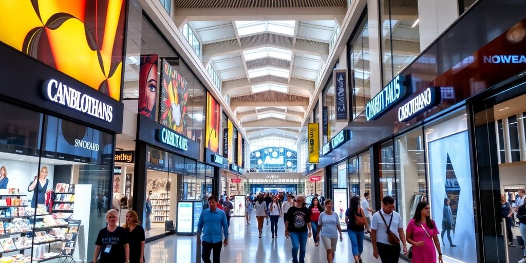 Shopping mall com lojas e pessoas caminhando.