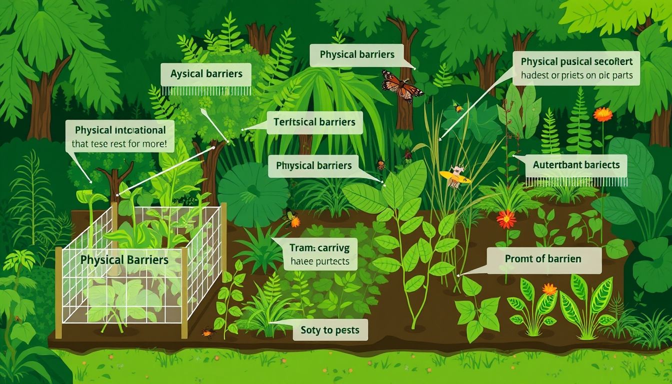 Lush garden with barriers and traps for pest control