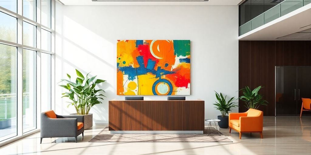 Modern office interior with vibrant abstract wall art.