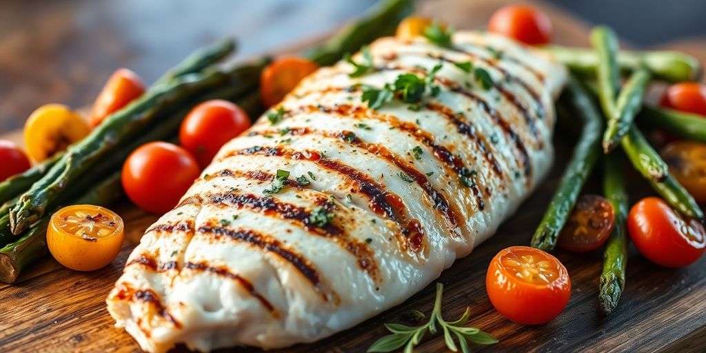 Peixe grelhado com vegetais frescos