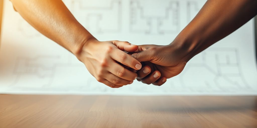 Two hands clasped in partnership over a blueprint.