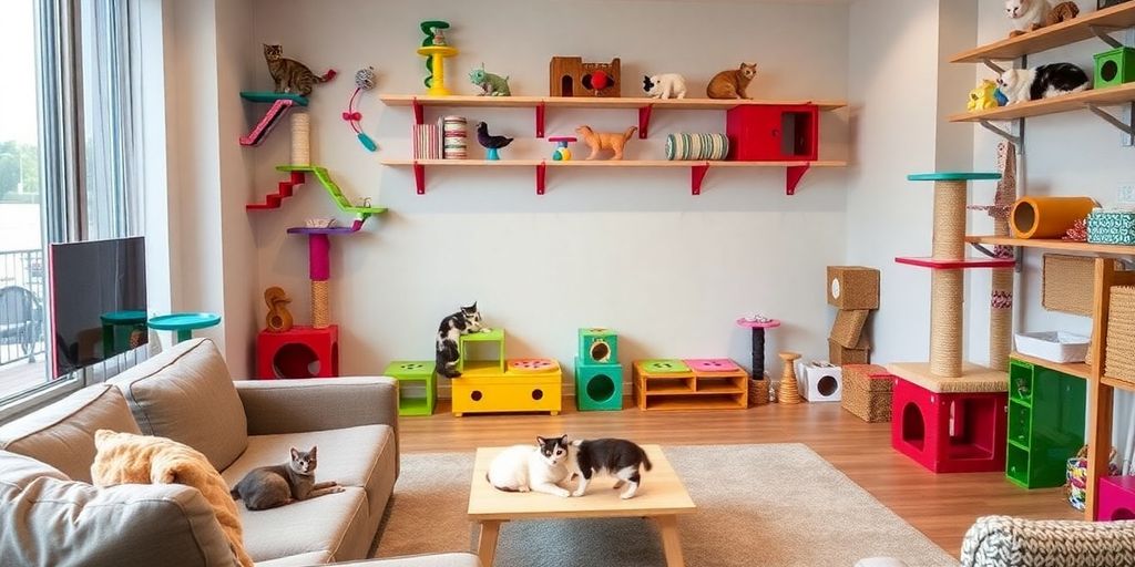 Cozy living room with colorful cat enrichment elements.