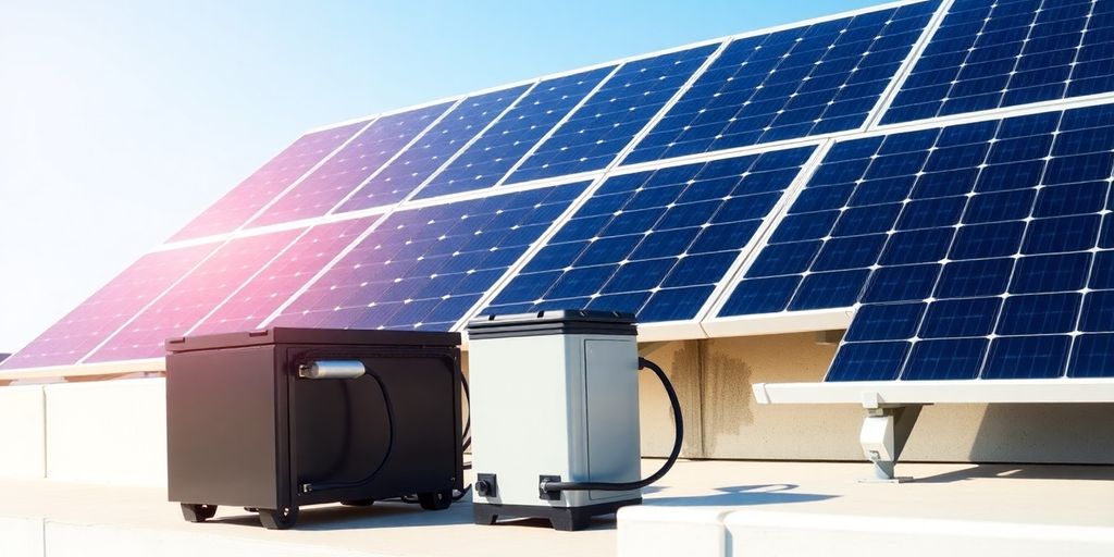Panneaux solaires sur un toit de bâtiment avec des batteries.