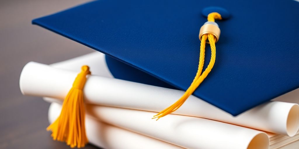 Graduation cap with diploma.