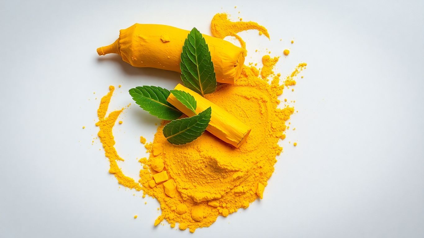 Turmeric root and powder with fresh leaves