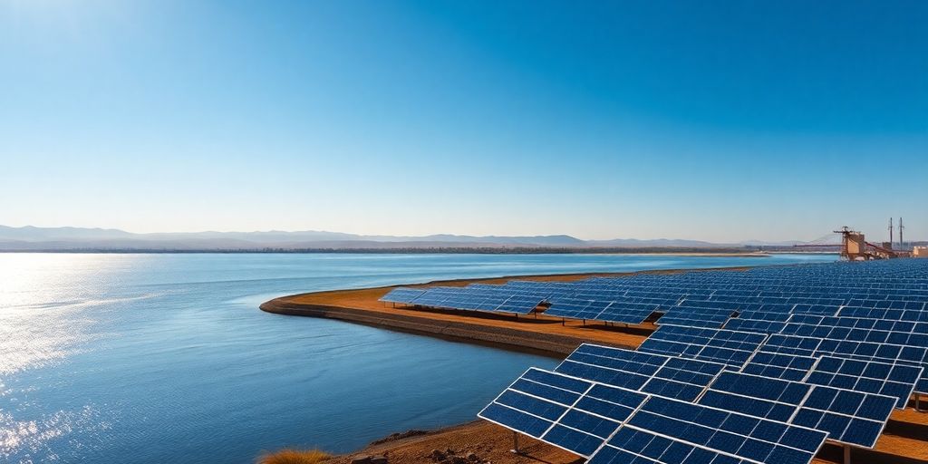 Panneaux solaires sur un réservoir d'eau, ciel bleu.