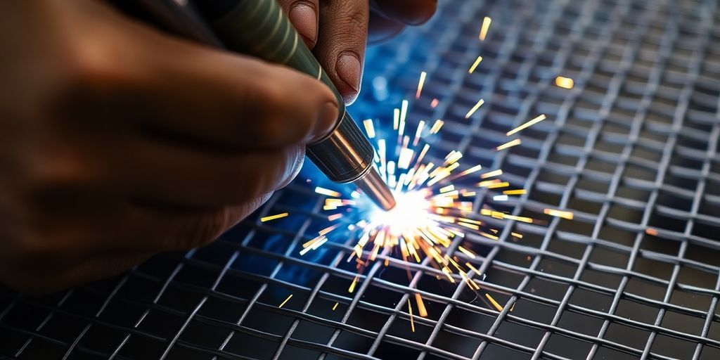 MIG welding on woven wire mesh with sparks flying.