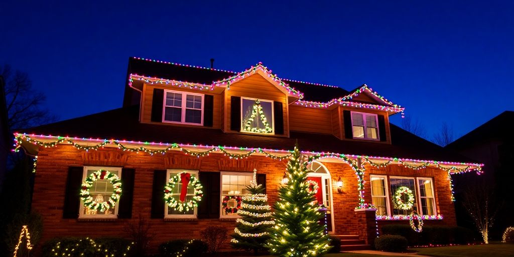 Decorated home exterior with colorful Christmas lights