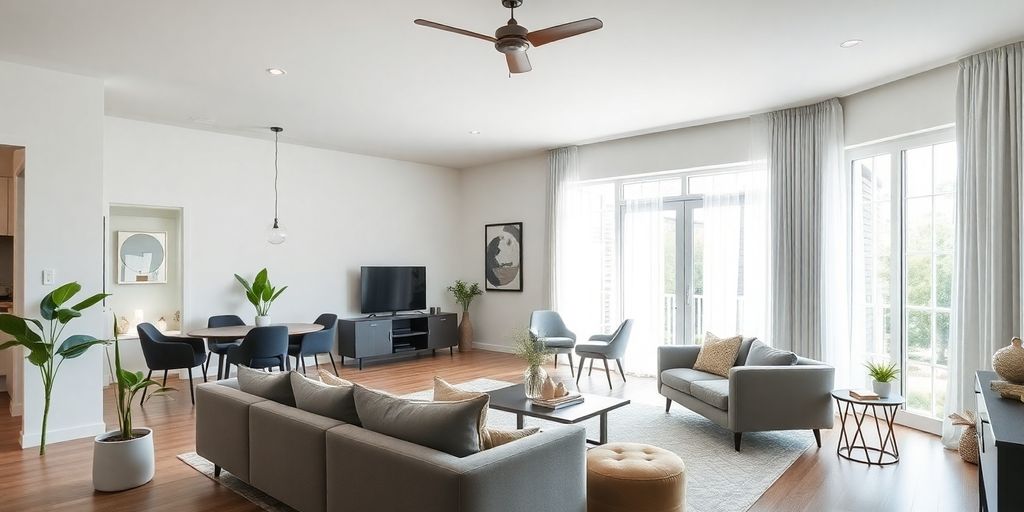 Modern living room with stylish furniture and bright decor.
