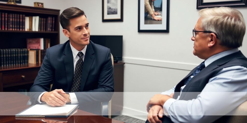 Lawyer consulting with client in a professional office.