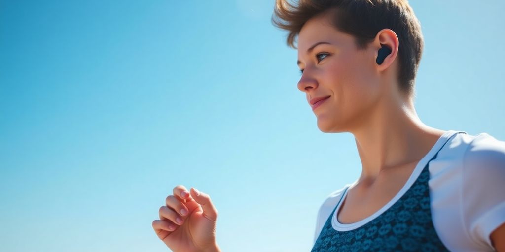 Person mit Bluetooth Kopfhörern beim Sport im Freien.