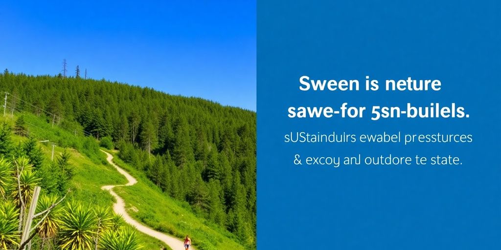 Grüner Waldpfad unter blauem Himmel für nachhaltiges Reisen.