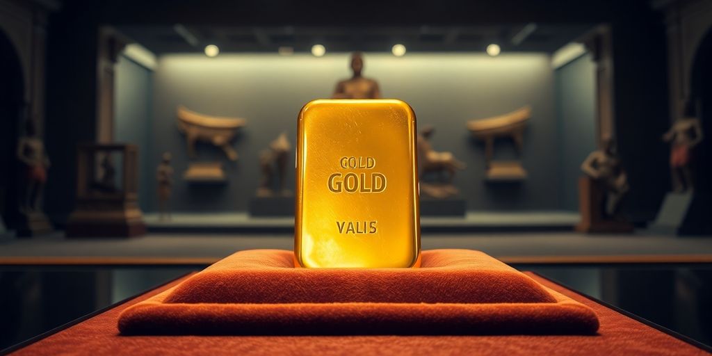 Lingot d'or sur un présentoir dans un musée.
