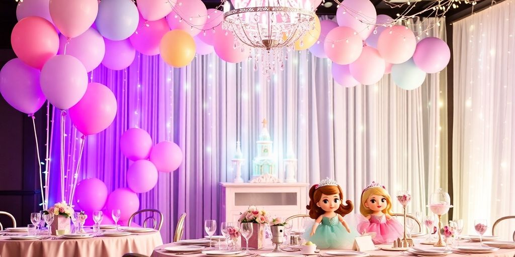 Disney Princess themed party decor with balloons and fairy lights.