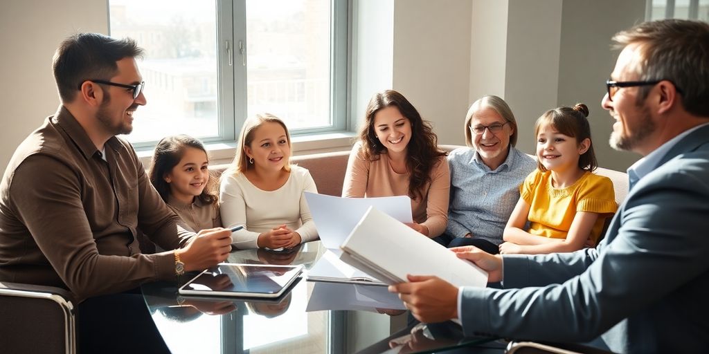 Family and broker discussing insurance options.