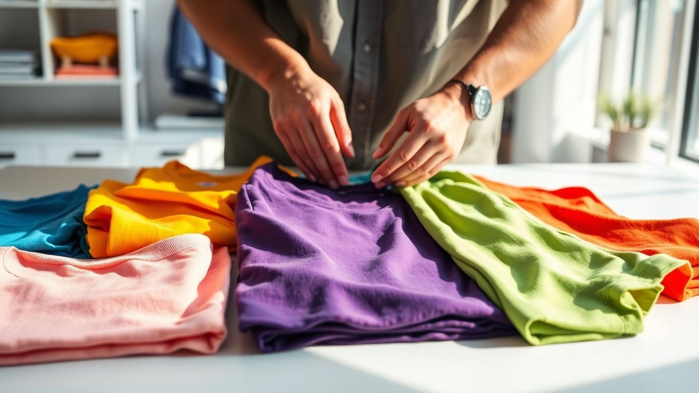 Hands arranging colorful blank t-shirts on a workspace.