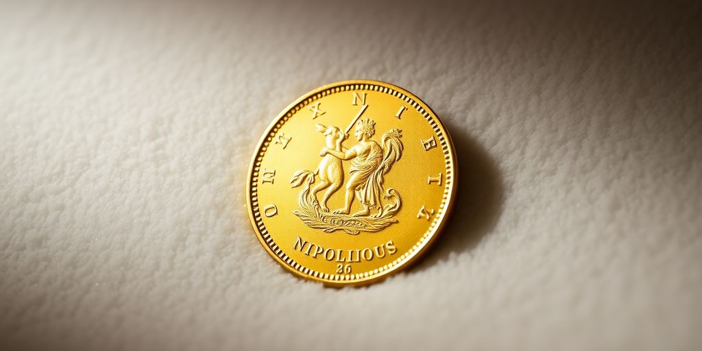Une pièce en or Napoléon brillante sur fond de velours.