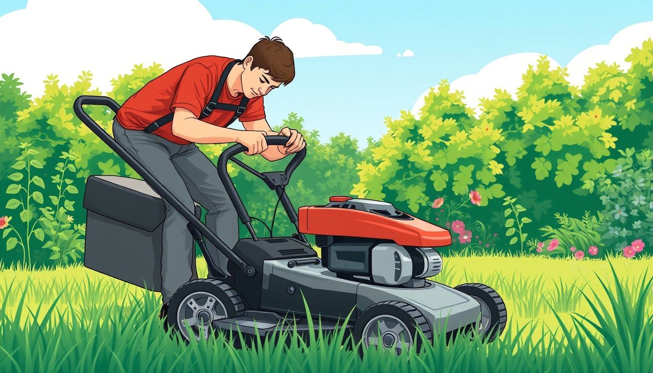 Person maintaining a lawn mower in a green garden