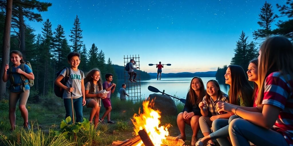 Teens hiking forest, ropes, kayaking, campfire smiling