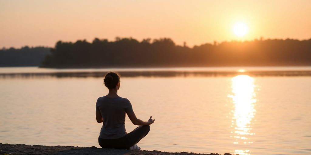 Sunrise over peaceful lake, person meditating by shore.