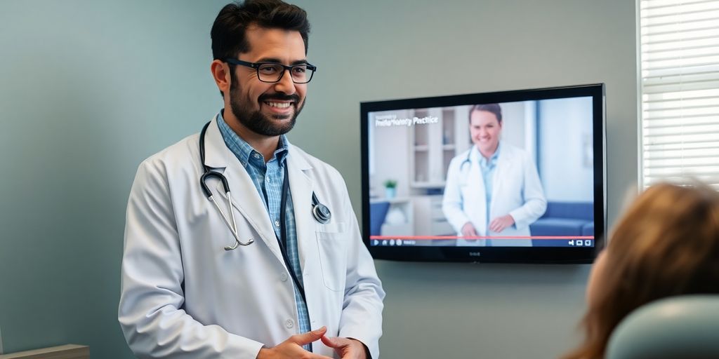 Doctor talking to patient with video playing
