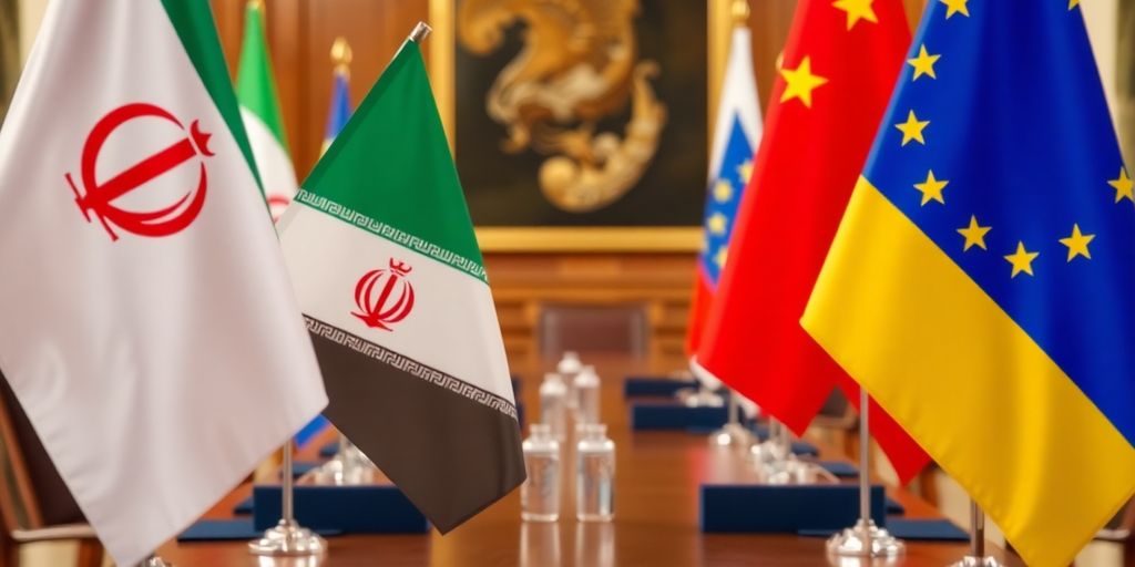 Drapeaux de l'Iran et de l'Europe près d'une table de conférence.