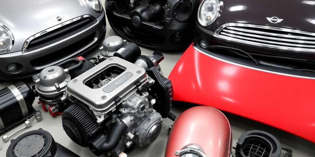 Mini Cooper spare parts laid out attractively.