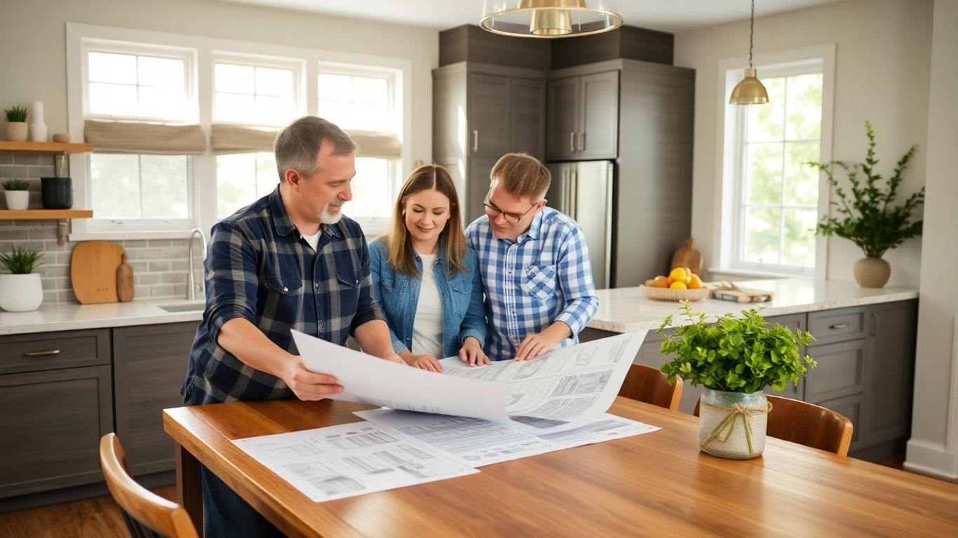 Home contractor and couple discussing remodeling plans in kitchen.