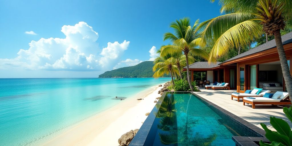 Luxury beachfront villa in Phuket with pool and ocean.