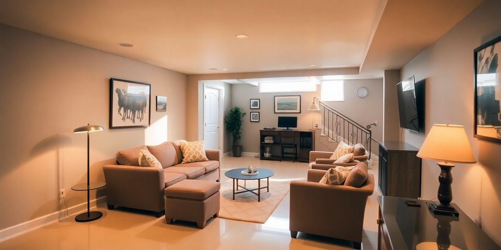 Modern basement transformed into a cozy living space.