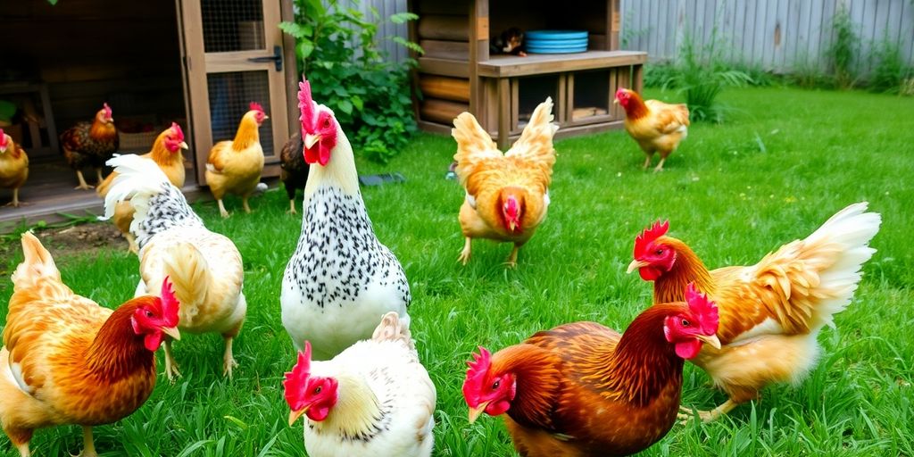 Healthy chickens in a green yard with a chicken coop.
