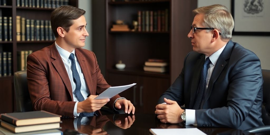 Lawyer consulting client in an office setting.
