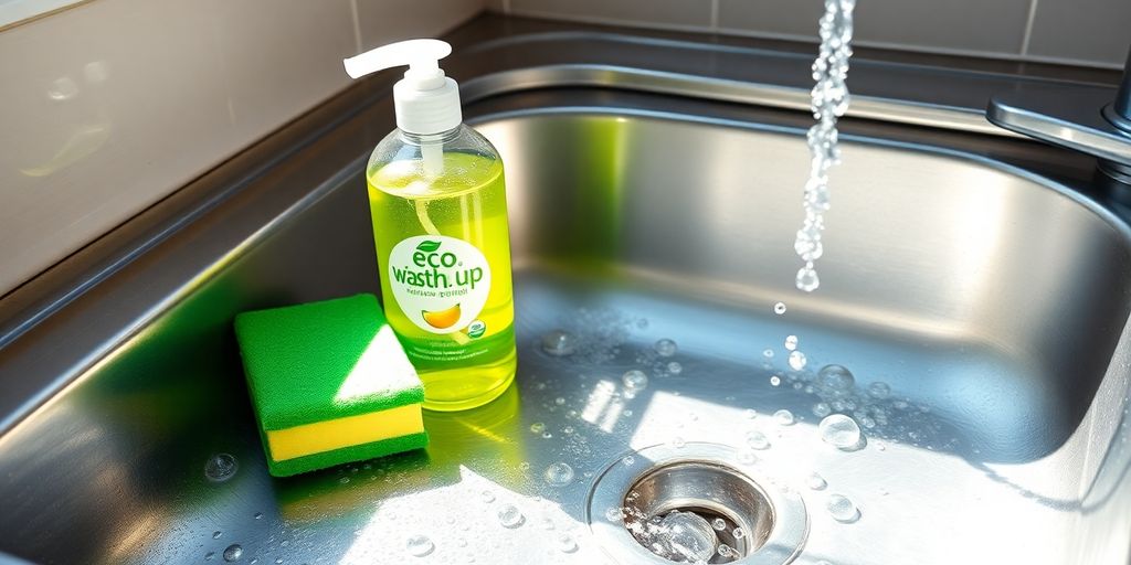 Eco washing up liquid bottle beside sink with bubbles and sponge.