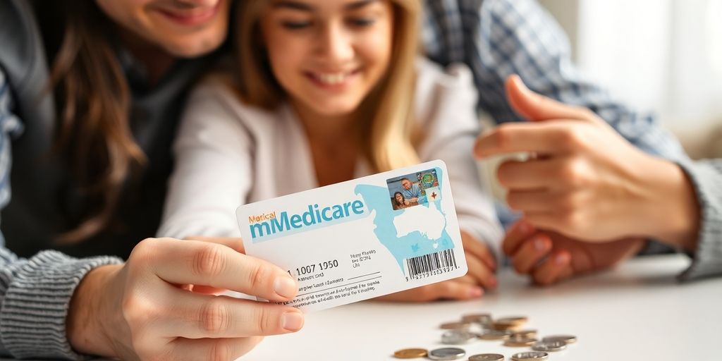 Australian family looking at Medicare card with coins.