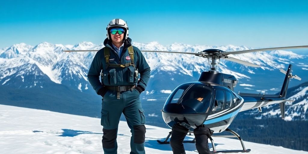 A helicopter pilot stands next to their helicopter in Alaska.