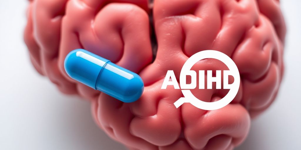 Brain with medication capsule near ADHD symbol.