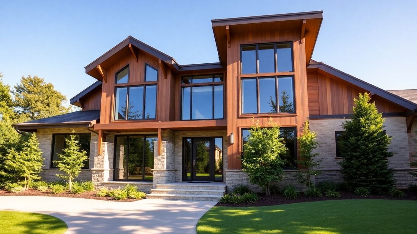 Modern custom home exterior with wood accents and large windows.