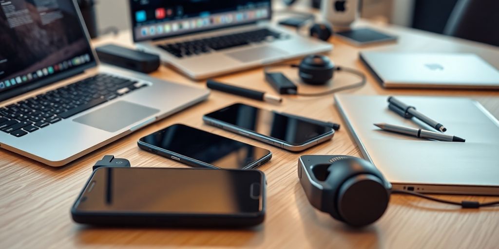 Modern technology workspace with gadgets and devices.