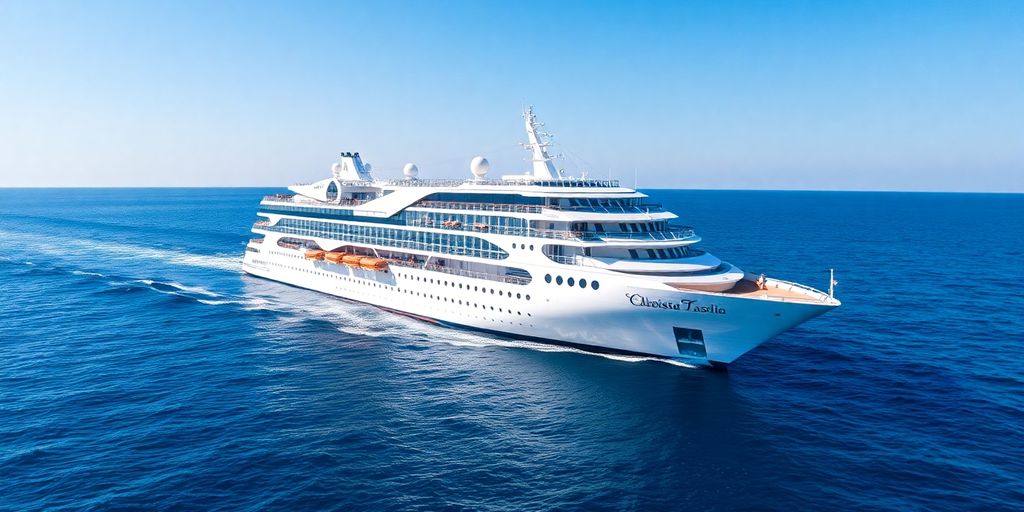 Regent Seven Seas Explorer cruise ship sailing on calm blue water.