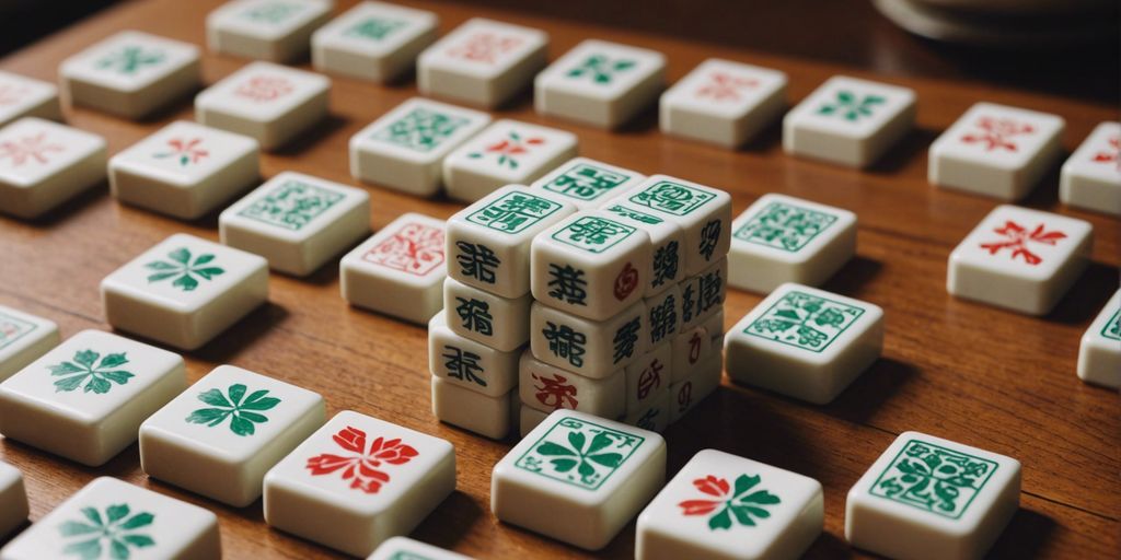 Close-up of Mahjong season tiles on a wooden table, showcasing their intricate designs and vibrant colors.