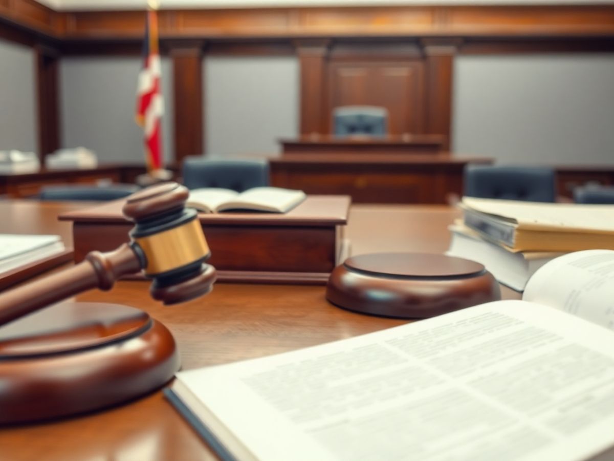 O sală de judecată cu un ciocan și cărți de drept.