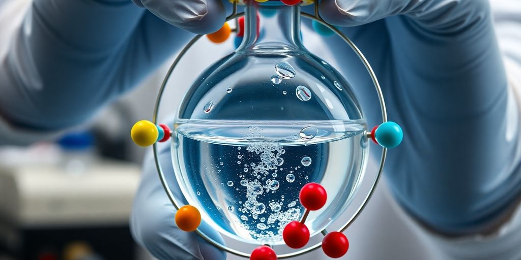 Scientist’s gloved hands holding flask with water and molecular model